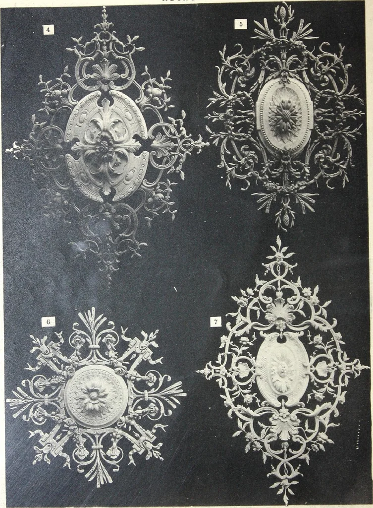 An illustration from A. Auberlet: Stone carving, Wood, Marble Interior and Exterior Stone and Cardboard-Plaster for Artistic Ornamentation, such as Castles, Churches, Hotels, Houses, Public Monuments. Projects, Models and Drawings of all styles. Export to France and Abroad., 1890, leaf 3