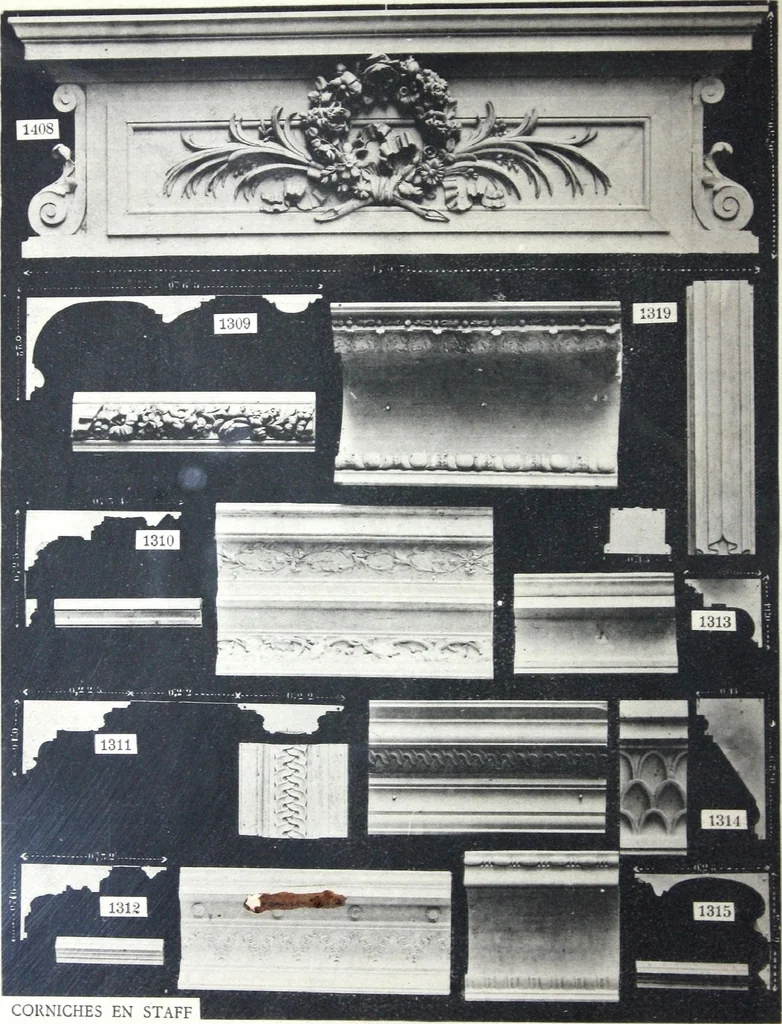 An illustration from A. Auberlet: Stone carving, Wood, Marble Interior and Exterior Stone and Cardboard-Plaster for Artistic Ornamentation, such as Castles, Churches, Hotels, Houses, Public Monuments. Projects, Models and Drawings of all styles. Export to France and Abroad., 1890, leaf 31
