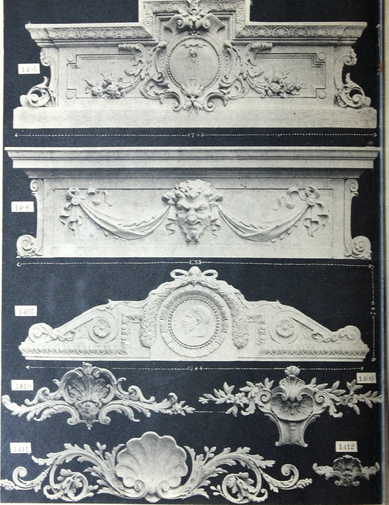 An illustration from A. Auberlet: Stone carving, Wood, Marble Interior and Exterior Stone and Cardboard-Plaster for Artistic Ornamentation, such as Castles, Churches, Hotels, Houses, Public Monuments. Projects, Models and Drawings of all styles. Export to France and Abroad., 1890, leaf 33