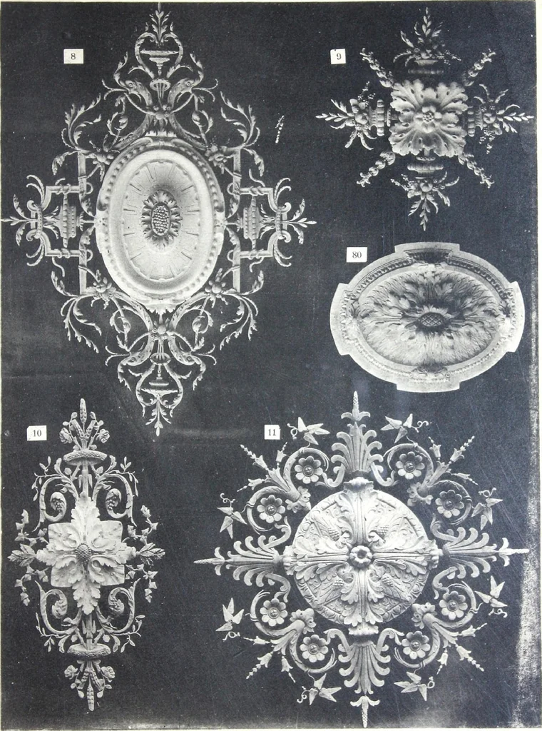 An illustration from A. Auberlet: Stone carving, Wood, Marble Interior and Exterior Stone and Cardboard-Plaster for Artistic Ornamentation, such as Castles, Churches, Hotels, Houses, Public Monuments. Projects, Models and Drawings of all styles. Export to France and Abroad., 1890, leaf 4