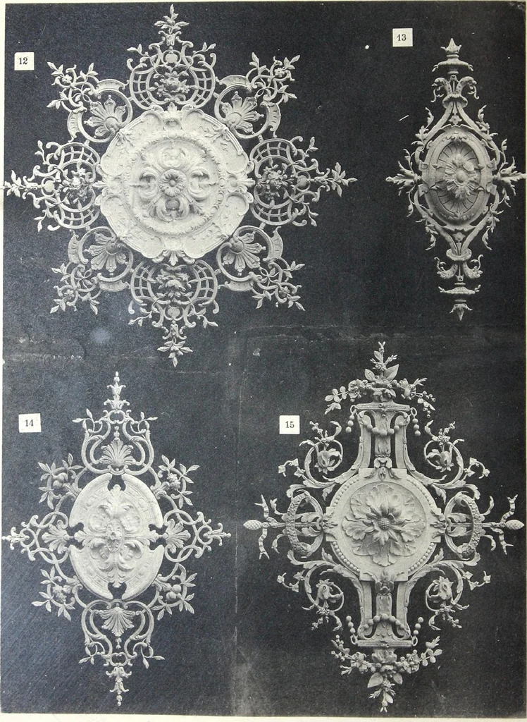 An illustration from A. Auberlet: Stone carving, Wood, Marble Interior and Exterior Stone and Cardboard-Plaster for Artistic Ornamentation, such as Castles, Churches, Hotels, Houses, Public Monuments. Projects, Models and Drawings of all styles. Export to France and Abroad., 1890, leaf 5