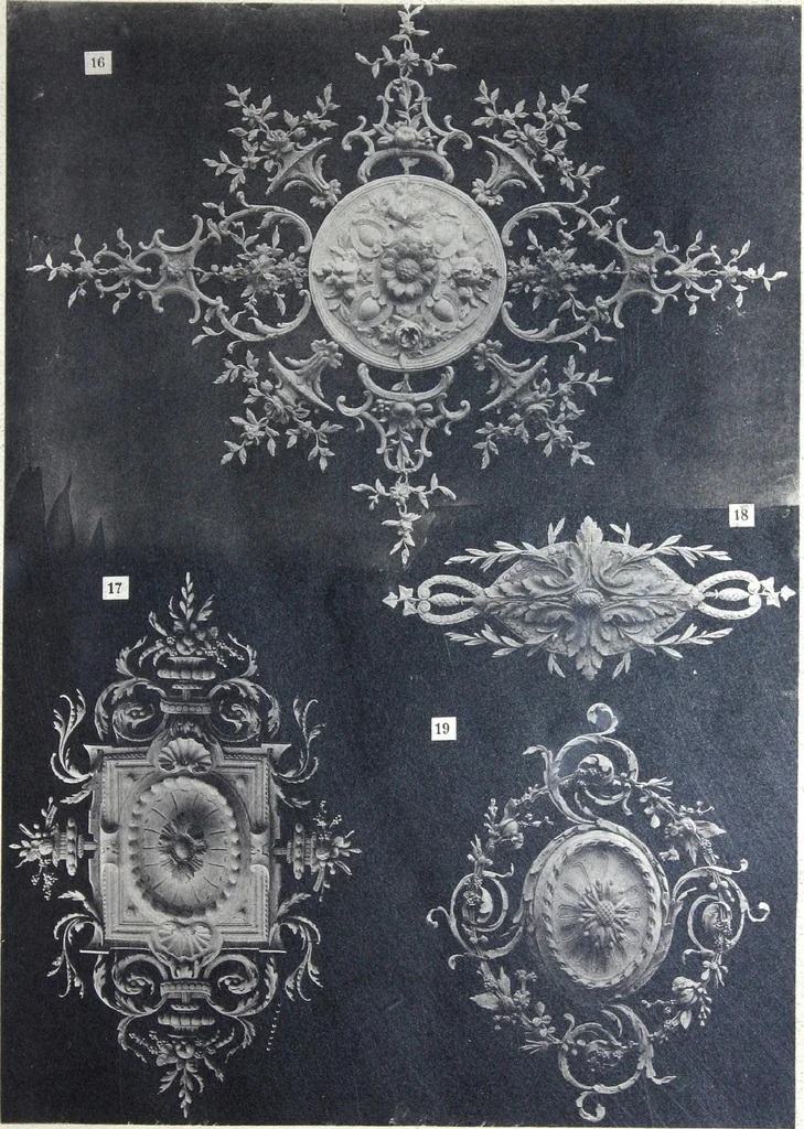 An illustration from A. Auberlet: Stone carving, Wood, Marble Interior and Exterior Stone and Cardboard-Plaster for Artistic Ornamentation, such as Castles, Churches, Hotels, Houses, Public Monuments. Projects, Models and Drawings of all styles. Export to France and Abroad., 1890, leaf 6