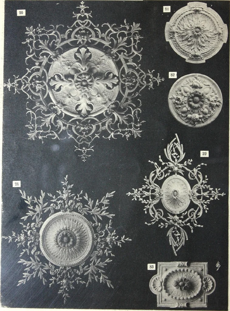 An illustration from A. Auberlet: Stone carving, Wood, Marble Interior and Exterior Stone and Cardboard-Plaster for Artistic Ornamentation, such as Castles, Churches, Hotels, Houses, Public Monuments. Projects, Models and Drawings of all styles. Export to France and Abroad., 1890, leaf 7
