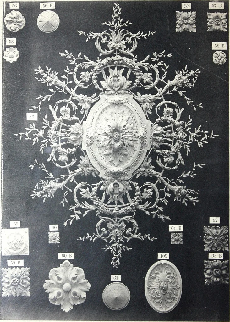 An illustration from A. Auberlet: Stone carving, Wood, Marble Interior and Exterior Stone and Cardboard-Plaster for Artistic Ornamentation, such as Castles, Churches, Hotels, Houses, Public Monuments. Projects, Models and Drawings of all styles. Export to France and Abroad., 1890, leaf 9