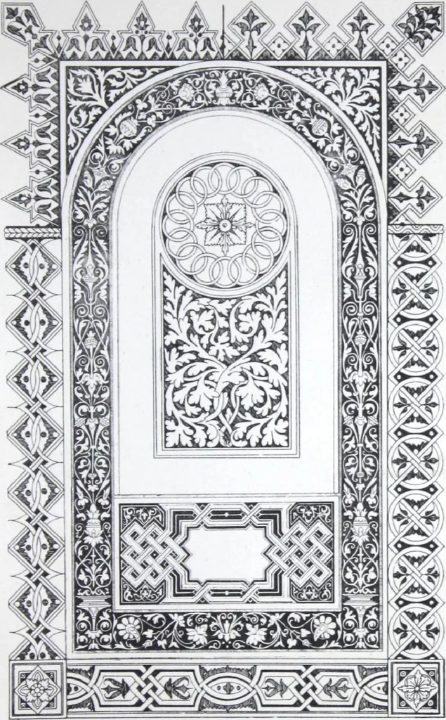 An illustration from A few suggestions for ornamental decoration : a collection of designs & colour schemes for painters' and decorators' work / compiled by F. Scott Mitchell., 1908, leaf 22