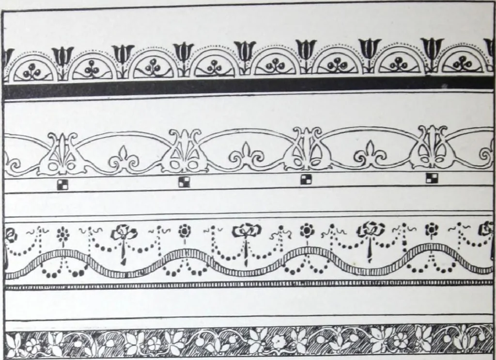 An illustration from A few suggestions for ornamental decoration : a collection of designs & colour schemes for painters' and decorators' work / compiled by F. Scott Mitchell., 1908, leaf 27