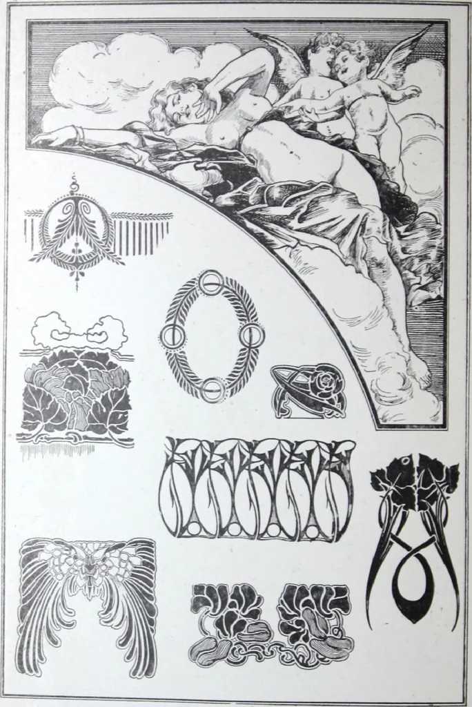 An illustration from A few suggestions for ornamental decoration : a collection of designs & colour schemes for painters' and decorators' work / compiled by F. Scott Mitchell., 1908, leaf 61