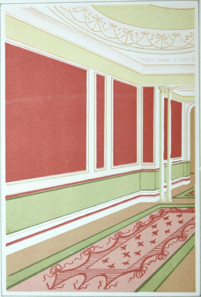 An illustration from A few suggestions for ornamental decoration : a collection of designs & colour schemes for painters' and decorators' work / compiled by F. Scott Mitchell., 1908, leaf 9