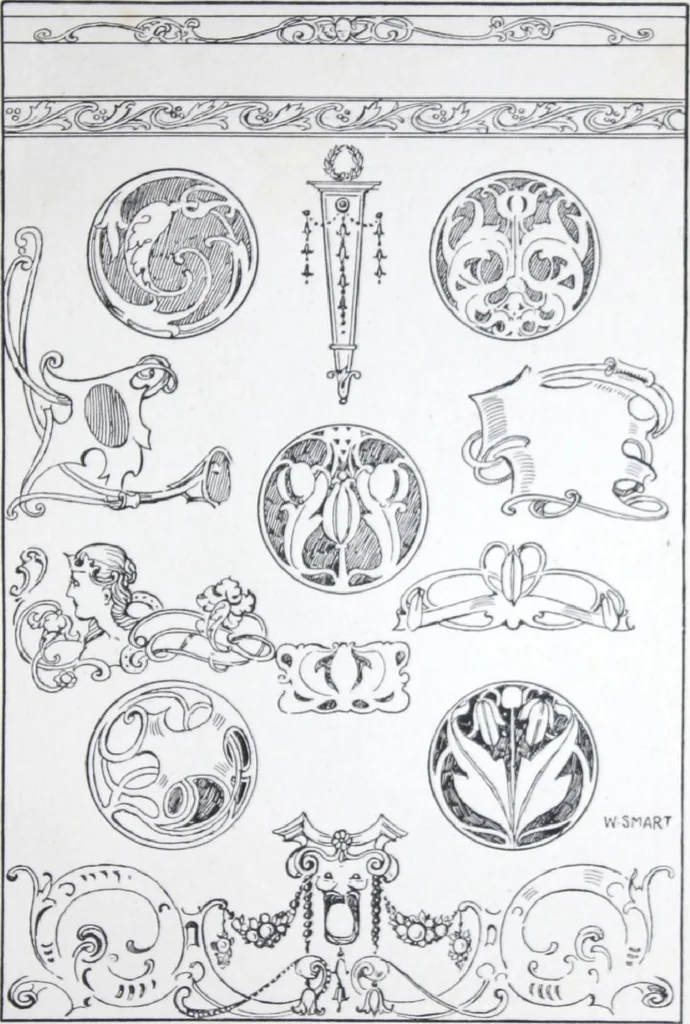 An illustration from A few suggestions for ornamental decoration : a collection of designs & colour schemes for painters' and decorators' work / compiled by F. Scott Mitchell., 1908, leaf 90