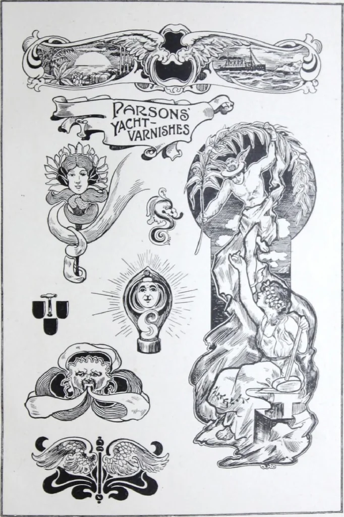 An illustration from A few suggestions for ornamental decoration : a collection of designs & colour schemes for painters' and decorators' work / compiled by F. Scott Mitchell., 1908, leaf 98