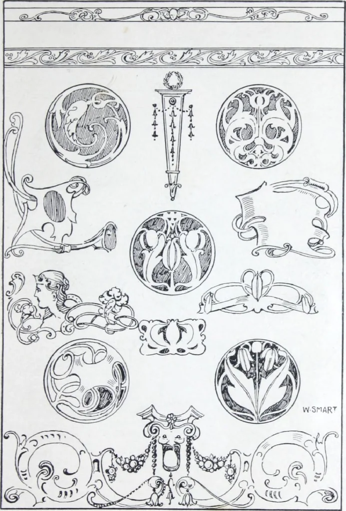 An illustration from A few suggestions for ornamental decoration in painters' and decorators' work / compiled by F. Scott Mitchell., 1909, leaf 104