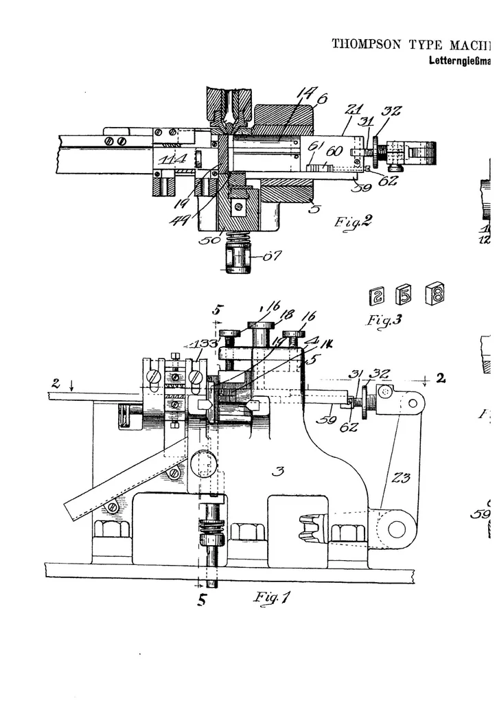 An illustration from Austrian Patent 50,876, Thompson Type Machine Company, Letterngiessmaschine, 1908, leaf 2