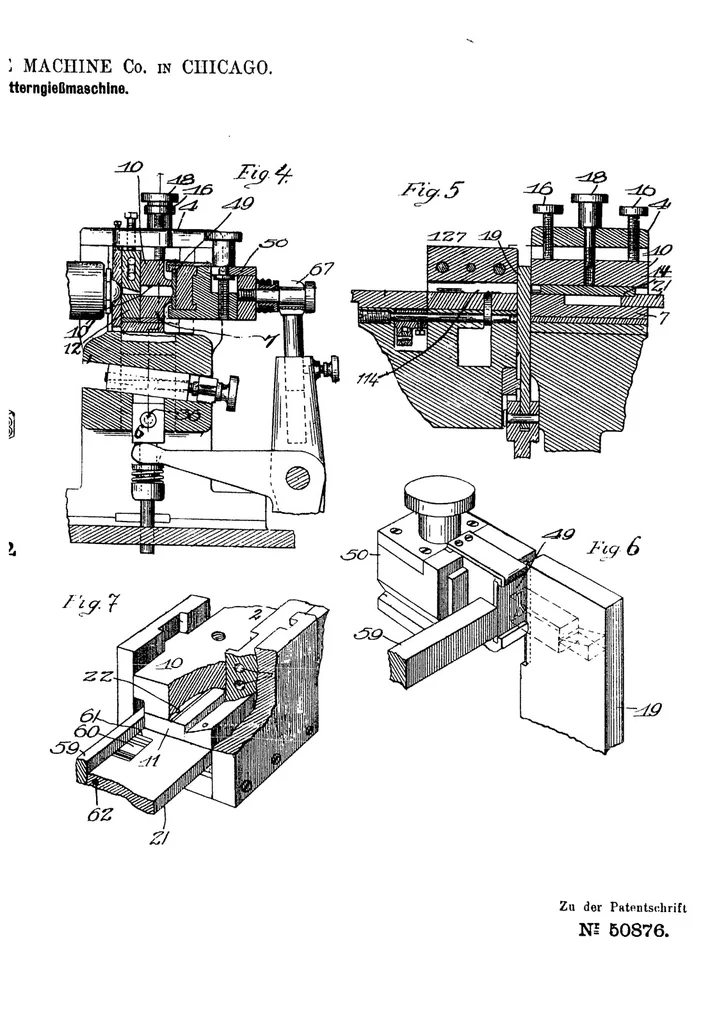 An illustration from Austrian Patent 50,876, Thompson Type Machine Company, Letterngiessmaschine, 1908, leaf 3