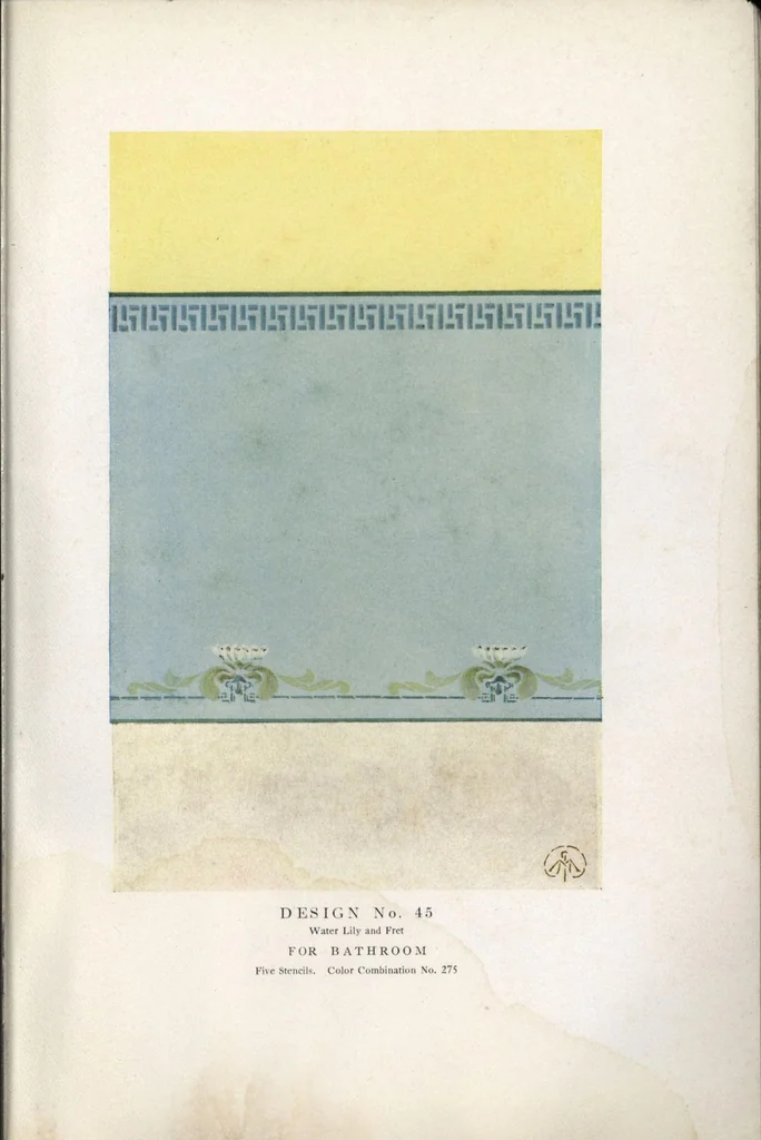 An illustration from Acme quality decorators' system of artistic and sanitary wall decorations with exclusive designs for the treatment of walls and ceilings shown in colors, stencils, and stenciling materials., 1914, leaf 44