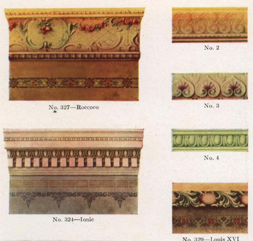 An illustration from Acme quality decorators' system of artistic and sanitary wall decorations with exclusive designs for the treatment of walls and ceilings shown in colors, stencils, and stenciling materials., 1914, leaf 47