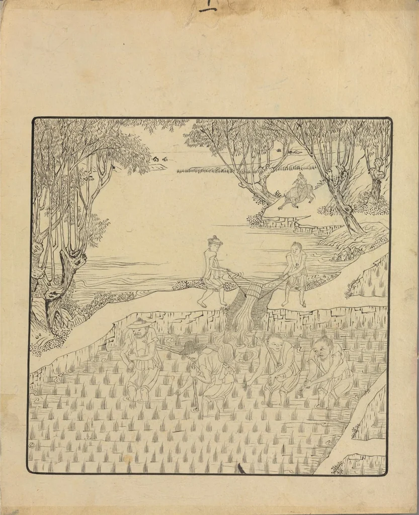 An illustration from 畊織圖 Pictures of Tilling and Weaving, 1815, leaf 11
