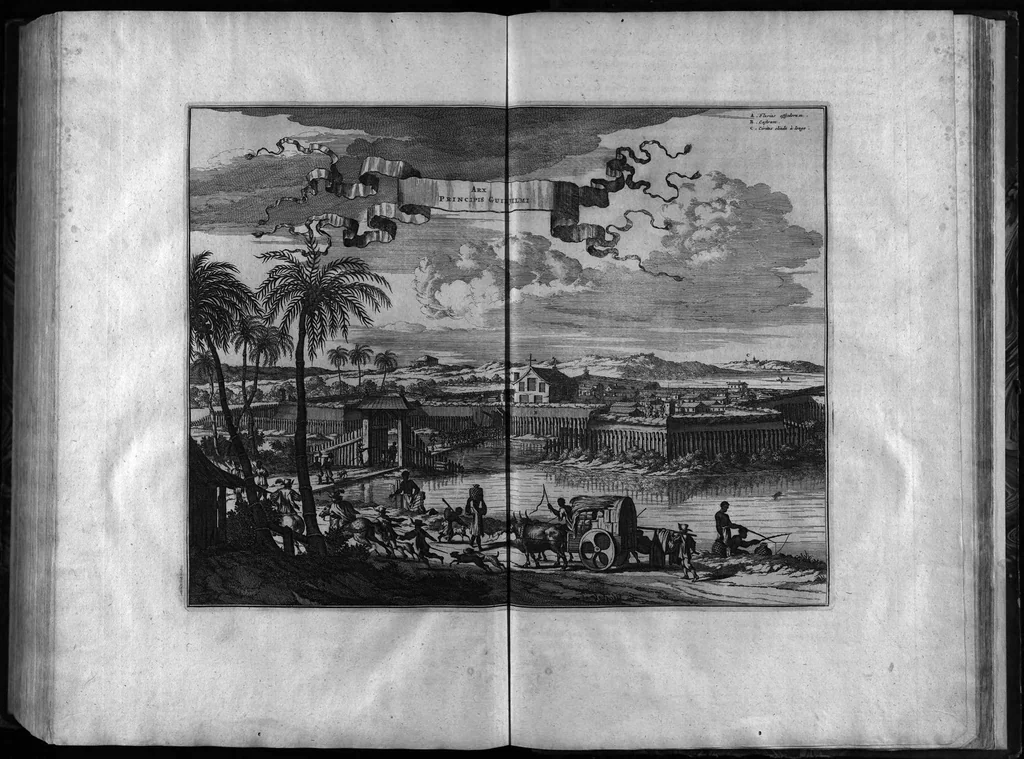 An illustration from America : being the latest, and most accurate description of the New World : containing the original of the inhabitants, and the remarkable voyages thither : the conquest of the vast empires of Mexico and Peru, and other large provinces and territories, with the several European plantations in those parts : also their cities, fortresses, towns, temples, mountains, and rivers : their habits, customs, manners, and religions : their plants, beasts, birds, and serpents : with an appendix containing, besides several other considerable additions, a brief survey of what hath been discover'd of the unknown south-land and the Arctick region, 1671, leaf 711