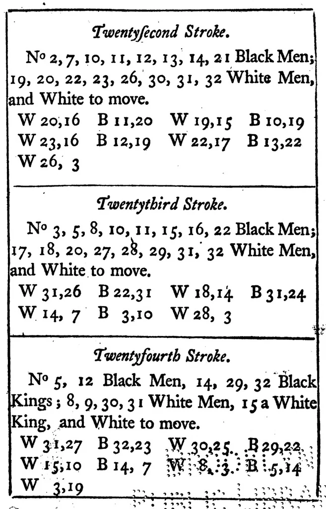 An illustration from An introduction to the game of draughts. : Containing fifty select games, together with many critical situations for drawn games, won games, and fine strokes. : The whole designed for the instruction of young players, in this innocent and delightful amusement., 1756, leaf 79