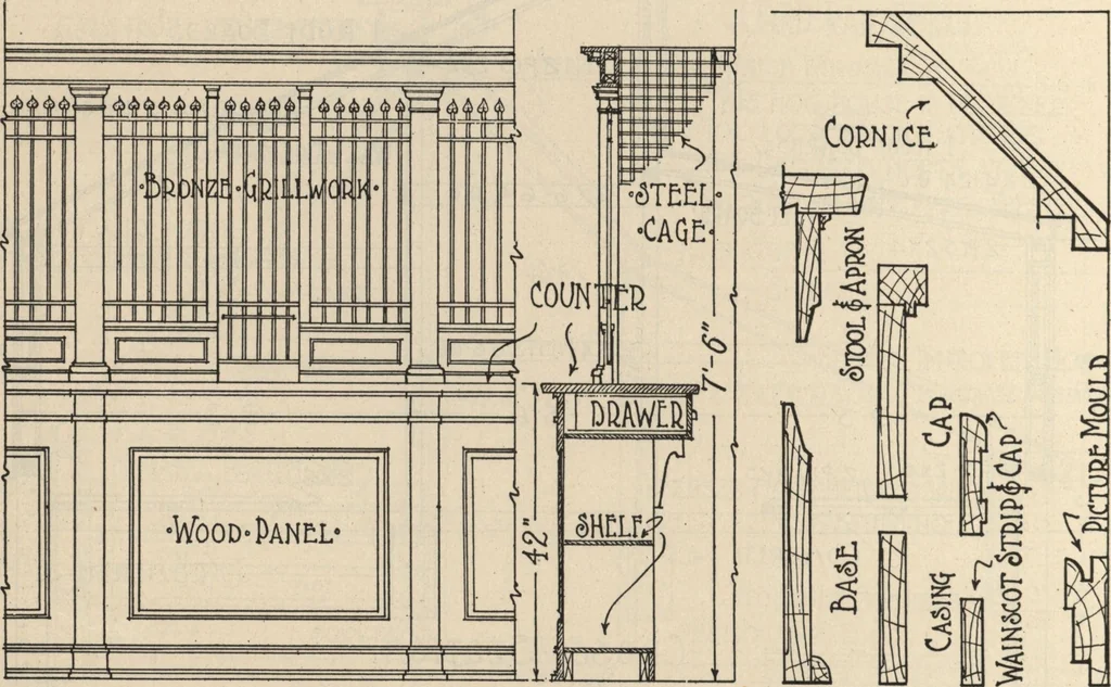 An illustration from Architectural details for every type of building : a practical drafting room guide for contractors, builders, lumber dealers, millmen, draftsmen and architects., 1921, leaf 113