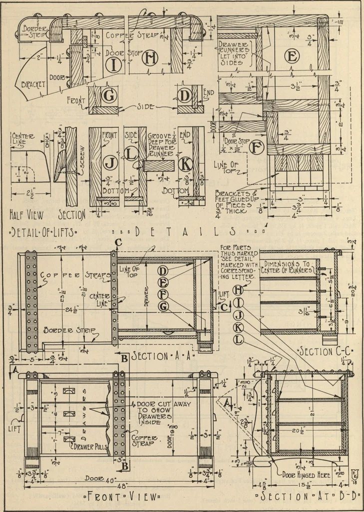 An illustration from Architectural details for every type of building : a practical drafting room guide for contractors, builders, lumber dealers, millmen, draftsmen and architects., 1921, leaf 153