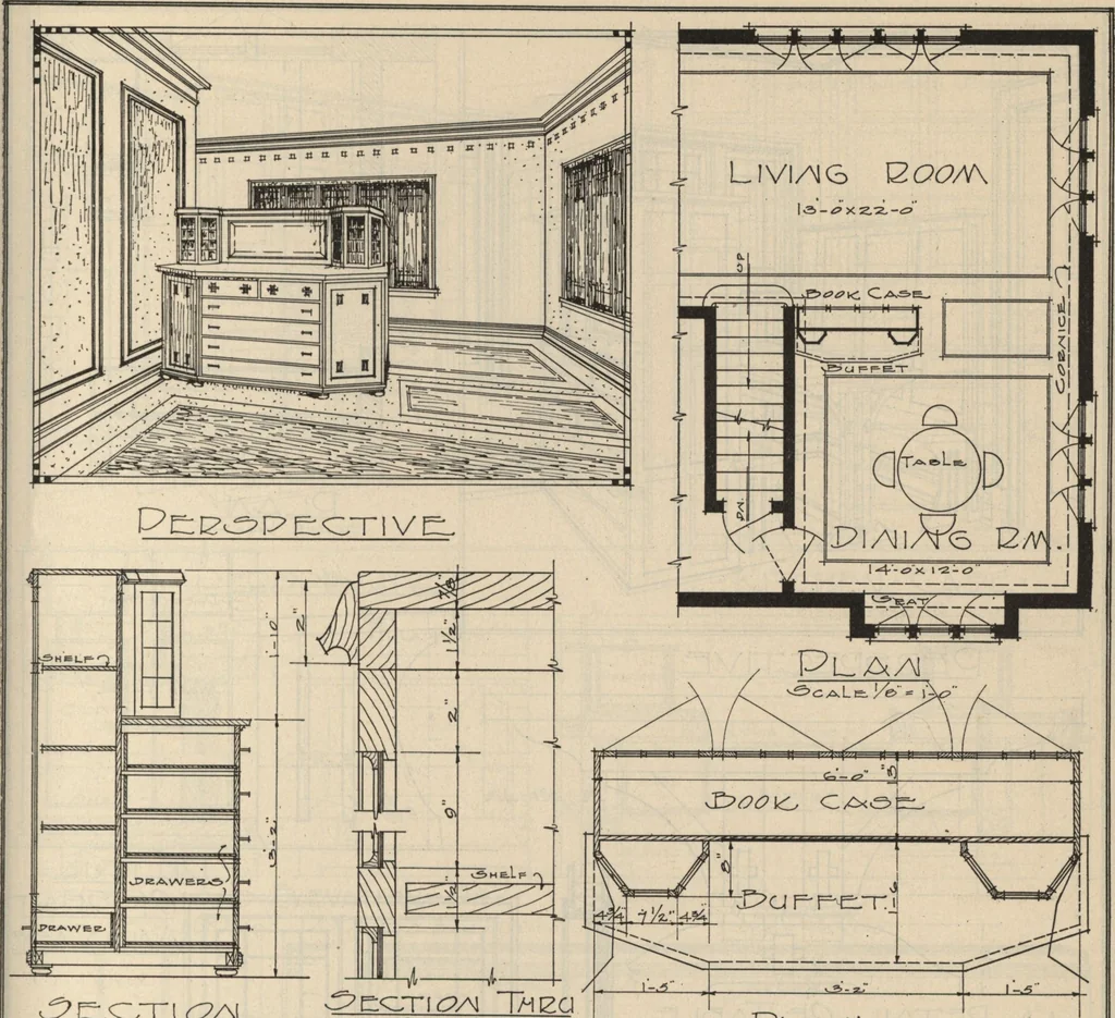 An illustration from Architectural details for every type of building : a practical drafting room guide for contractors, builders, lumber dealers, millmen, draftsmen and architects., 1921, leaf 34