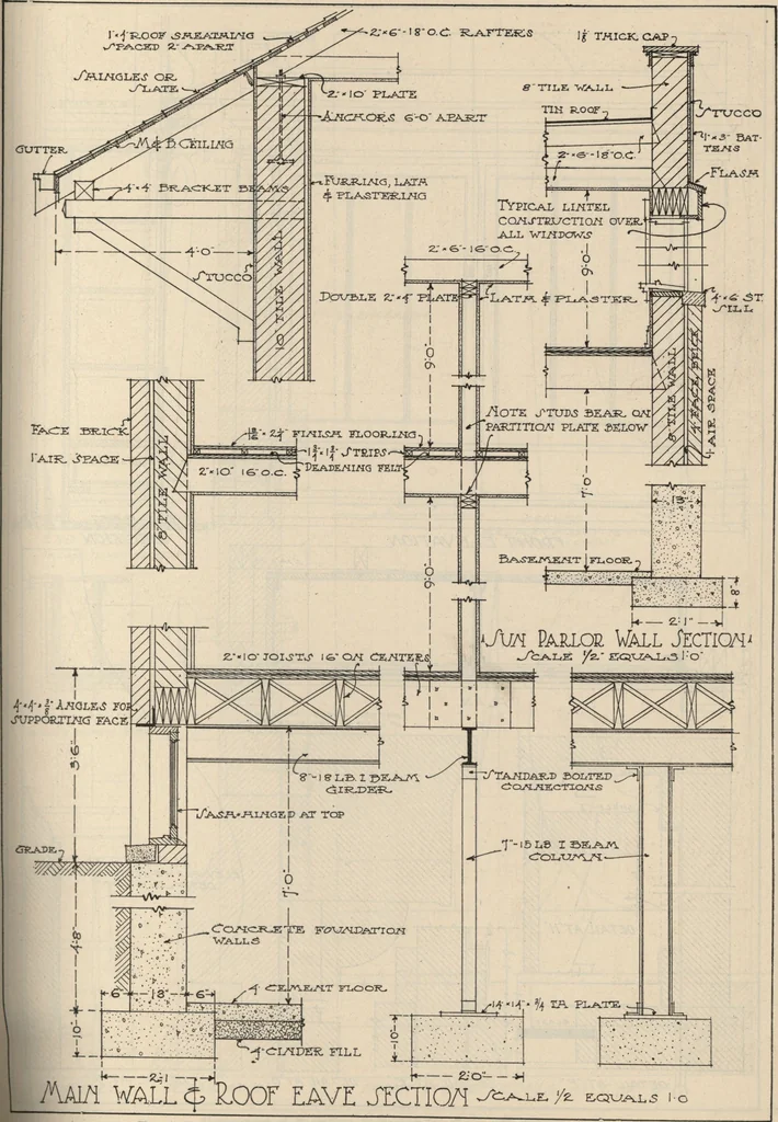 An illustration from Architectural details for every type of building : a practical drafting room guide for contractors, builders, lumber dealers, millmen, draftsmen and architects., 1921, leaf 44
