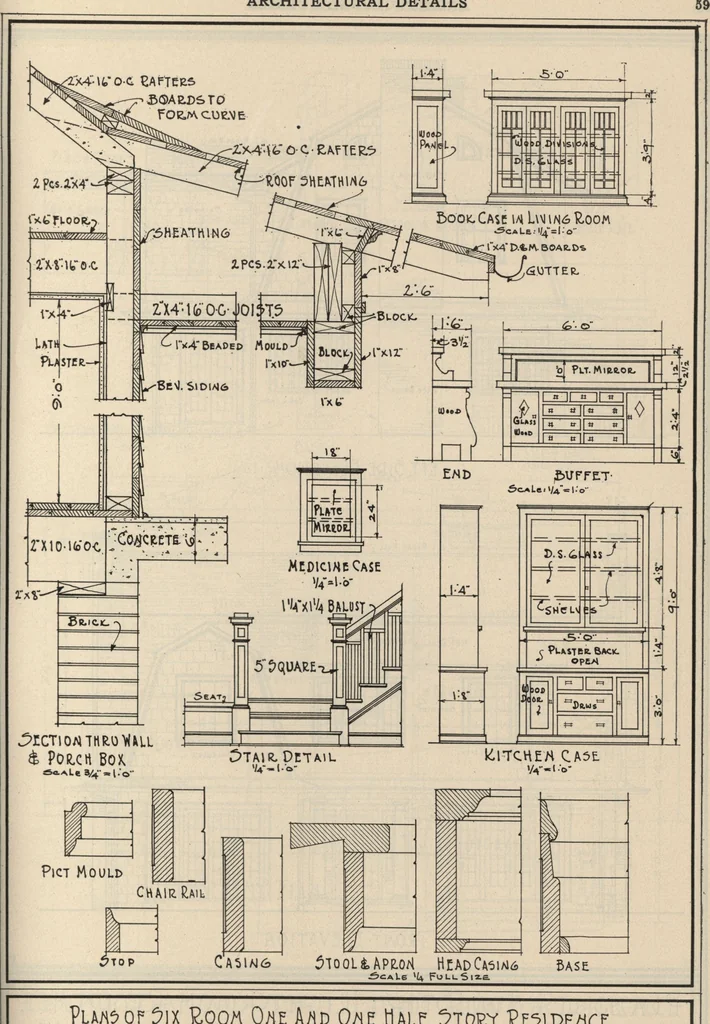 An illustration from Architectural details for every type of building : a practical drafting room guide for contractors, builders, lumber dealers, millmen, draftsmen and architects., 1921, leaf 56