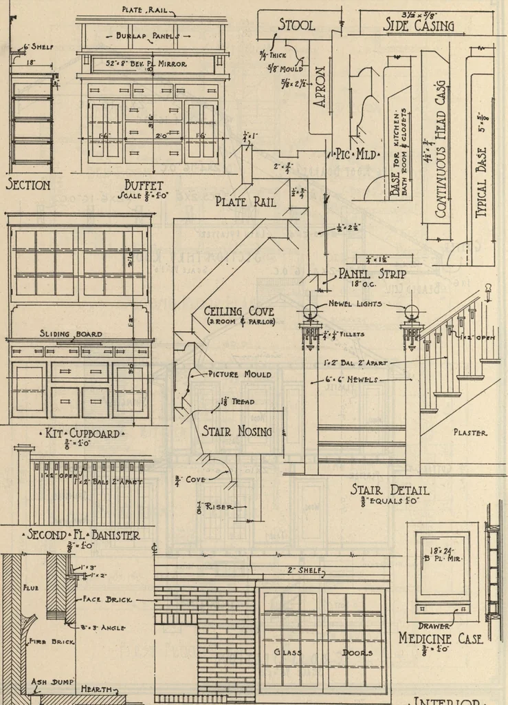 An illustration from Architectural details for every type of building : a practical drafting room guide for contractors, builders, lumber dealers, millmen, draftsmen and architects., 1921, leaf 61