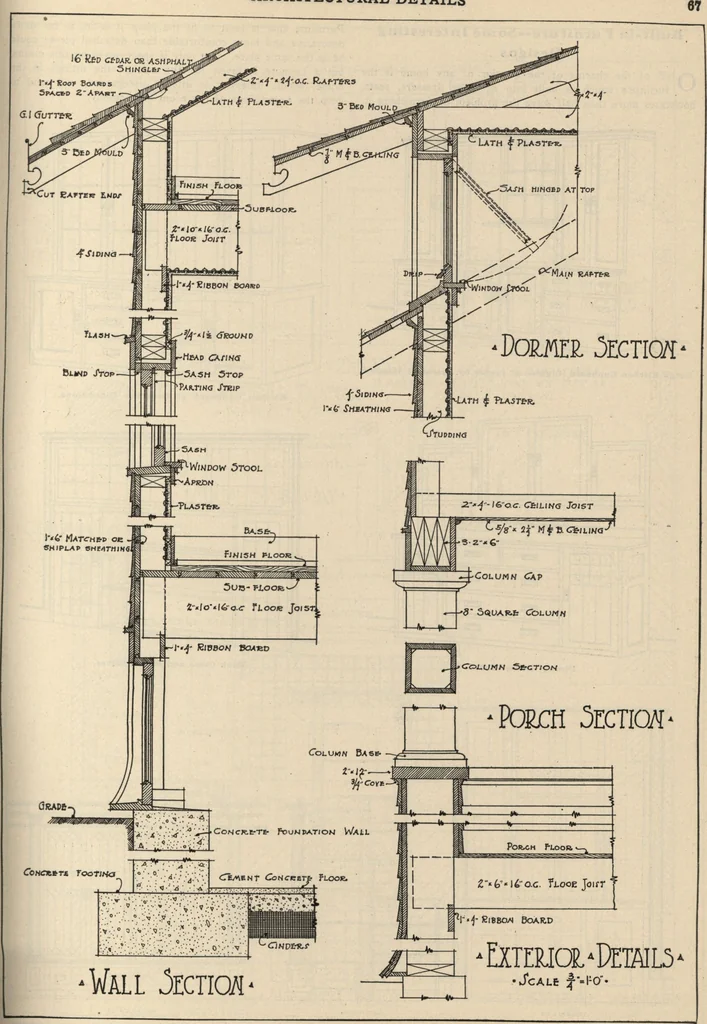 An illustration from Architectural details for every type of building : a practical drafting room guide for contractors, builders, lumber dealers, millmen, draftsmen and architects., 1921, leaf 64