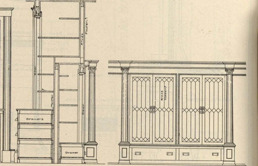 An illustration from Architectural details for every type of building : a practical drafting room guide for contractors, builders, lumber dealers, millmen, draftsmen and architects., 1921, leaf 65
