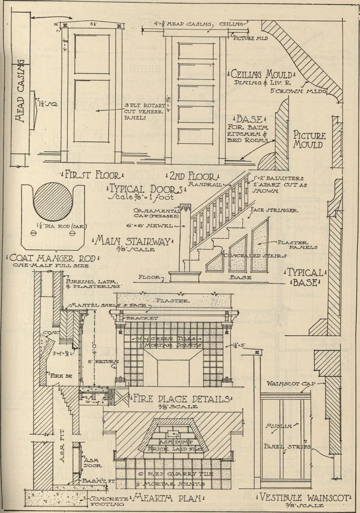 An illustration from Architectural details for every type of building : a practical drafting room guide for contractors, builders, lumber dealers, millmen, draftsmen and architects., 1921, leaf 66