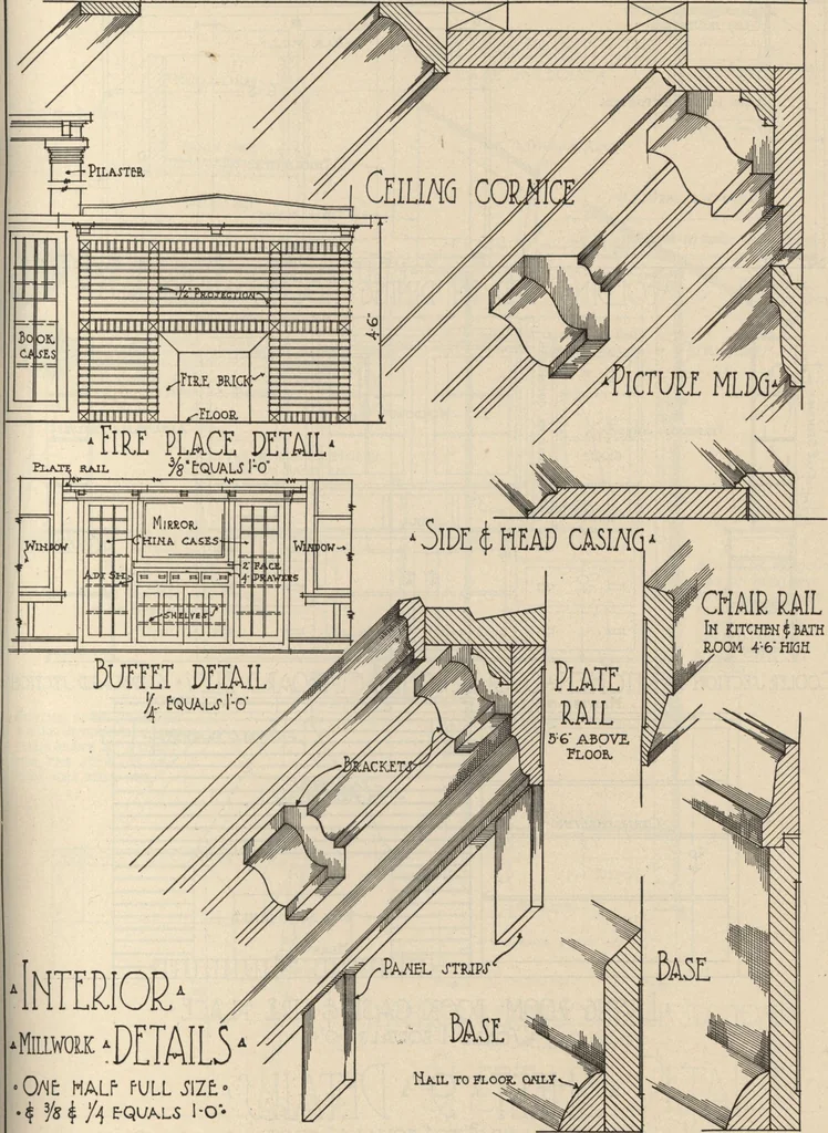 An illustration from Architectural details for every type of building : a practical drafting room guide for contractors, builders, lumber dealers, millmen, draftsmen and architects., 1921, leaf 74