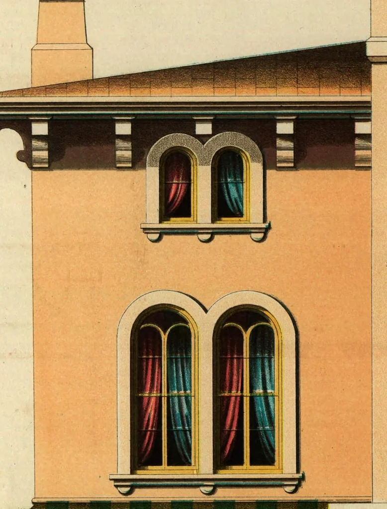 An illustration from Architectural designs for model country residences : illustrated by colored drawings of elevations and ground plans, accompanied by general descriptions and estimates : prepared expressly for persons who contemplate building, and artisans throughout the United States, 1861, leaf 12