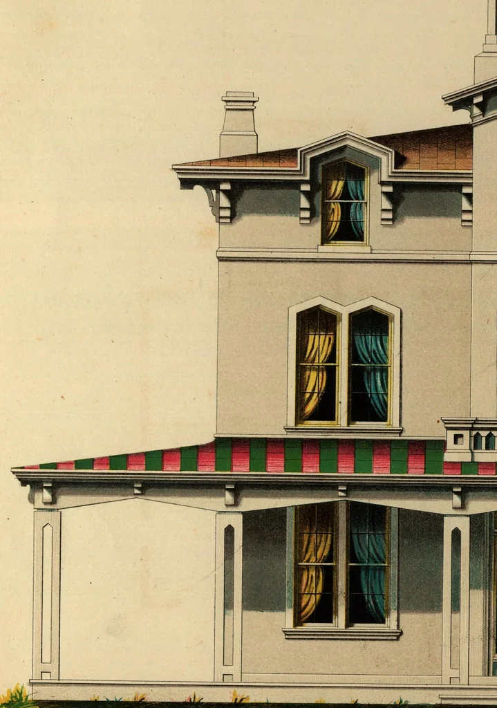 An illustration from Architectural designs for model country residences : illustrated by colored drawings of elevations and ground plans, accompanied by general descriptions and estimates : prepared expressly for persons who contemplate building, and artisans throughout the United States, 1861, leaf 42