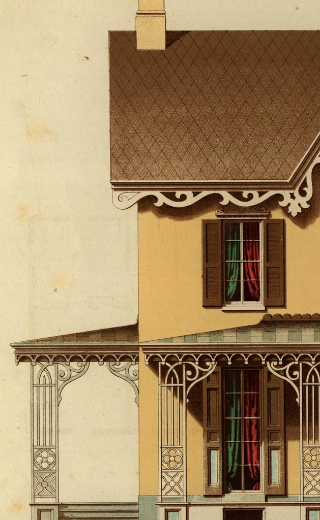 An illustration from Architectural designs for model country residences : illustrated by colored drawings of elevations and ground plans, accompanied by general descriptions and estimates : prepared expressly for persons who contemplate building, and artisans throughout the United States, 1861, leaf 70