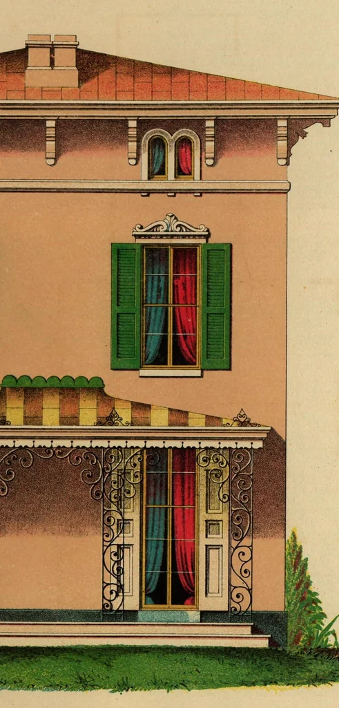 An illustration from Architectural designs for model country residences : illustrated by colored drawings of elevations and ground plans, accompanied by general descriptions and estimates : prepared expressly for persons who contemplate building, and artisans throughout the United States, 1861, leaf 94