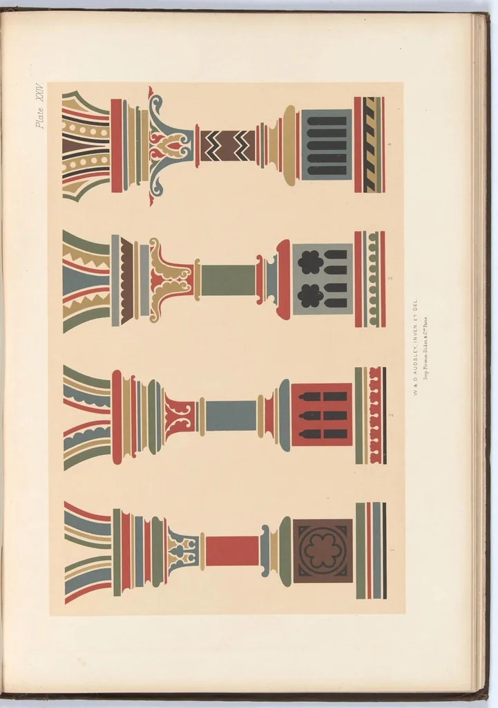 An illustration from Polychromatic decoration as applied to buildings in the Mediaeval style : thirty-six plates in colours and gold, with introductory and descriptive text / by W. & G. Audsley, and authors of Popular dictionary of architecture and the allied arts. etc. etc., 1882, leaf 130