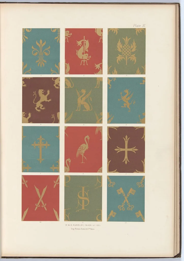 An illustration from Polychromatic decoration as applied to buildings in the Mediaeval style : thirty-six plates in colours and gold, with introductory and descriptive text / by W. & G. Audsley, and authors of Popular dictionary of architecture and the allied arts. etc. etc., 1882, leaf 78