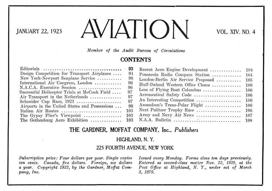 An illustration from Aviation Week 1923-01-22, 1923, leaf 1
