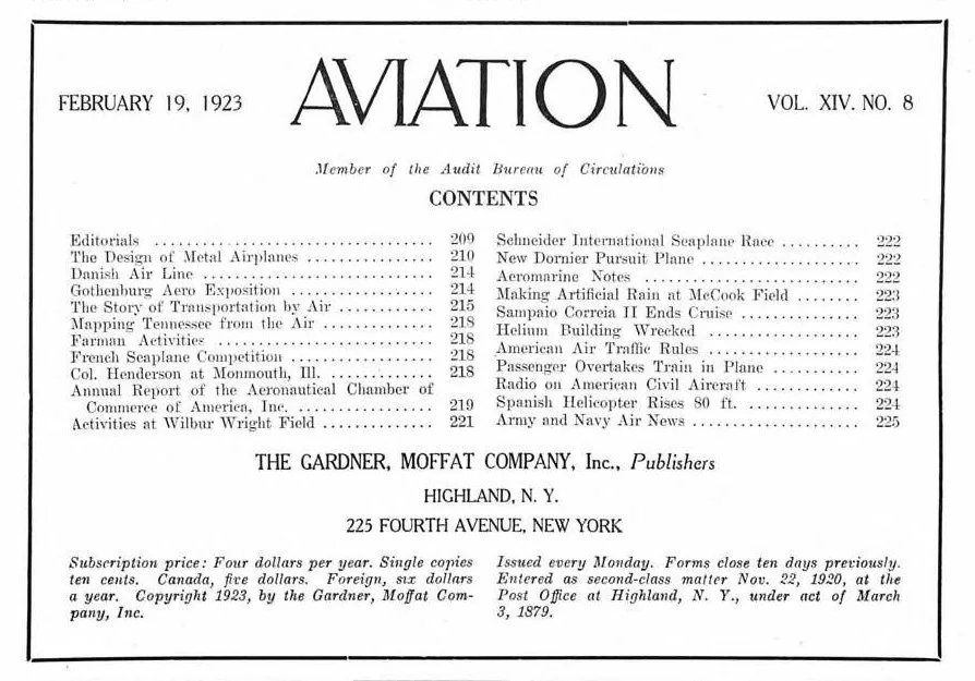 An illustration from Aviation Week 1923-02-19, 1923, leaf 1
