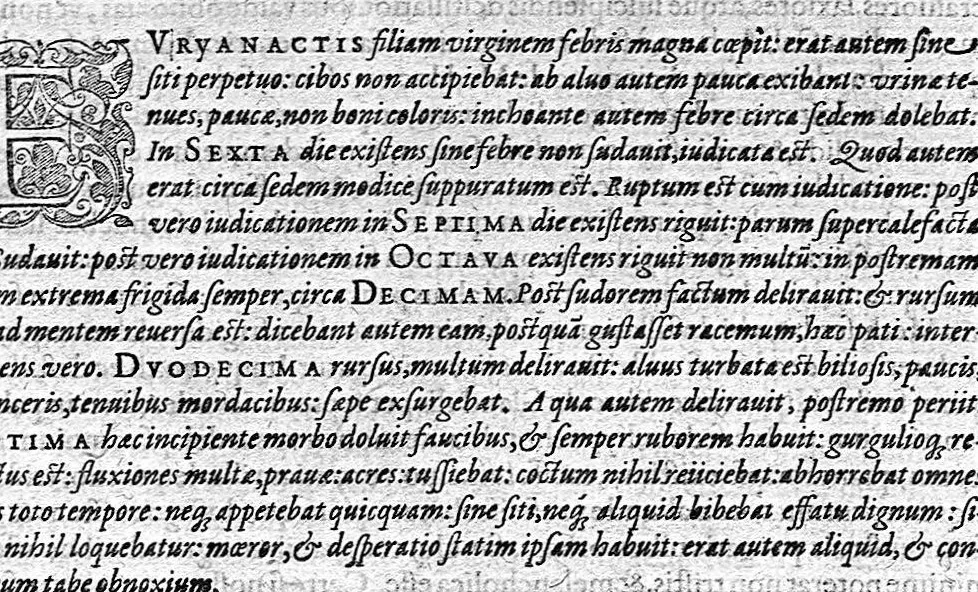 An illustration from Hieronymi Mercurialis,... Commentarii eruditissimi in Hippocratis,... Prognostica, Prorrhetica, de Victus ratione in morbis acutis et Epidemicas historias [cum versione eorum latina], quibus accessere tractatus luculentissimi de hominis generatione, vino et aqua balneisque pisanis, a Marco Cornacchino,... nunc primum in lucem editi..., 1602, leaf 146