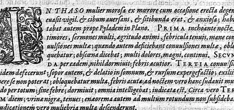 An illustration from Hieronymi Mercurialis,... Commentarii eruditissimi in Hippocratis,... Prognostica, Prorrhetica, de Victus ratione in morbis acutis et Epidemicas historias [cum versione eorum latina], quibus accessere tractatus luculentissimi de hominis generatione, vino et aqua balneisque pisanis, a Marco Cornacchino,... nunc primum in lucem editi..., 1602, leaf 243