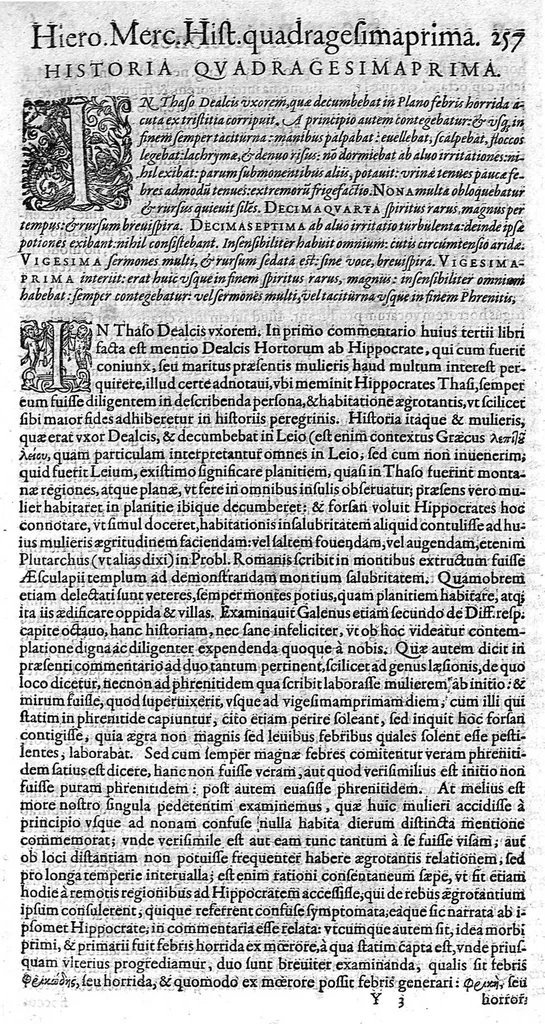 An illustration from Hieronymi Mercurialis,... Commentarii eruditissimi in Hippocratis,... Prognostica, Prorrhetica, de Victus ratione in morbis acutis et Epidemicas historias [cum versione eorum latina], quibus accessere tractatus luculentissimi de hominis generatione, vino et aqua balneisque pisanis, a Marco Cornacchino,... nunc primum in lucem editi..., 1602, leaf 264