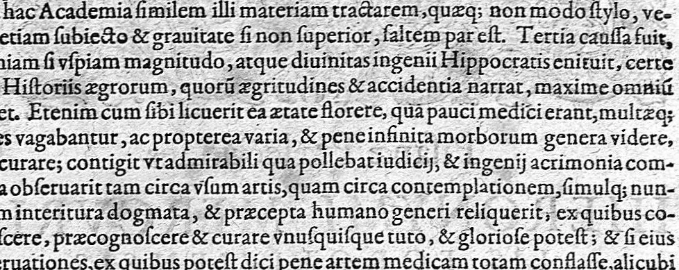 An illustration from Hieronymi Mercurialis,... Commentarii eruditissimi in Hippocratis,... Prognostica, Prorrhetica, de Victus ratione in morbis acutis et Epidemicas historias [cum versione eorum latina], quibus accessere tractatus luculentissimi de hominis generatione, vino et aqua balneisque pisanis, a Marco Cornacchino,... nunc primum in lucem editi..., 1602, leaf 9