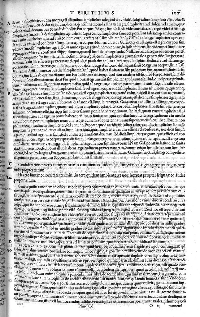 An illustration from Plus quam commentum in Parvam Galeni artem Turisani Florentini medici praestantissimi, cum duplici textus interpretatione, antiqua scilicet et Leoniceni, et ejusdem [Turisani] libello de Hypostasi, opus... quod olim quidem Jul. Martianus Rota,... pluribus auxit et emendavit ; nunc vero... recognitum... additis quibusdam ad eandem rem pertinentibus, denuo imprimendum curavimus. Ea autem sunt : Hali qui eandem Galeni Artem primus exposuit ; Joannitii ad eandem introductio ; Gentilis qui primum ejusdem Artis librum... declaravit ; Nicolai Leoniceni Quaestio de tribus doctrinis..., 1557, leaf 228