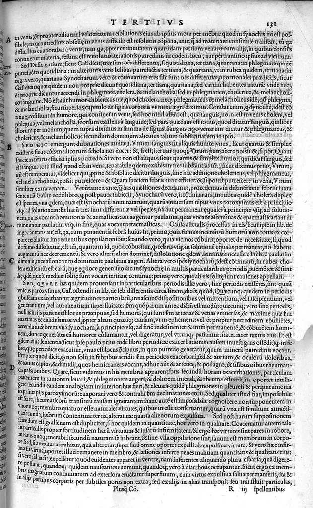 An illustration from Plus quam commentum in Parvam Galeni artem Turisani Florentini medici praestantissimi, cum duplici textus interpretatione, antiqua scilicet et Leoniceni, et ejusdem [Turisani] libello de Hypostasi, opus... quod olim quidem Jul. Martianus Rota,... pluribus auxit et emendavit ; nunc vero... recognitum... additis quibusdam ad eandem rem pertinentibus, denuo imprimendum curavimus. Ea autem sunt : Hali qui eandem Galeni Artem primus exposuit ; Joannitii ad eandem introductio ; Gentilis qui primum ejusdem Artis librum... declaravit ; Nicolai Leoniceni Quaestio de tribus doctrinis..., 1557, leaf 276