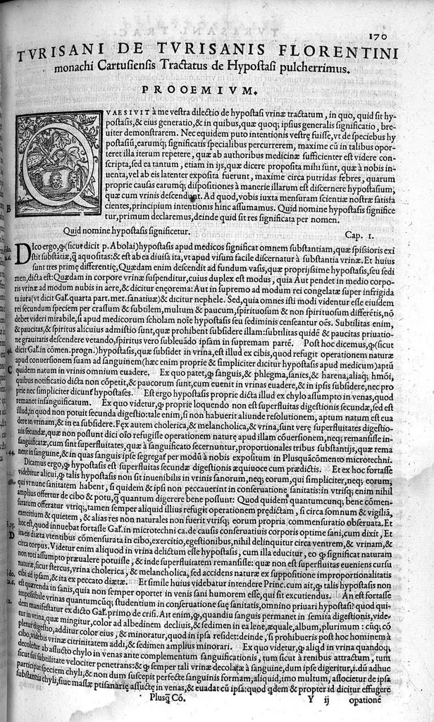 An illustration from Plus quam commentum in Parvam Galeni artem Turisani Florentini medici praestantissimi, cum duplici textus interpretatione, antiqua scilicet et Leoniceni, et ejusdem [Turisani] libello de Hypostasi, opus... quod olim quidem Jul. Martianus Rota,... pluribus auxit et emendavit ; nunc vero... recognitum... additis quibusdam ad eandem rem pertinentibus, denuo imprimendum curavimus. Ea autem sunt : Hali qui eandem Galeni Artem primus exposuit ; Joannitii ad eandem introductio ; Gentilis qui primum ejusdem Artis librum... declaravit ; Nicolai Leoniceni Quaestio de tribus doctrinis..., 1557, leaf 354