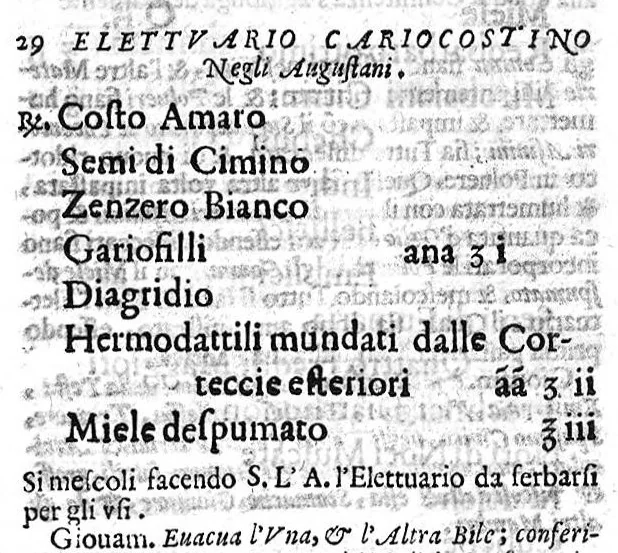 An illustration from Nuovo, et universale theatro farmaceutico. Fondato sopra le preparationi farmaceutiche scritte da'medici antichi, greci, e arabi; principalmente da Galeno, e Mesue / ... ampliato oltre le fabriche ... contenute ne gli antidotarii Veneti di Giorgio Melichio, aumentato da Alberto Stecchini ... con quelle ... compositioni ancora ... da gli più lodati scrittori ..., 1667, leaf 568