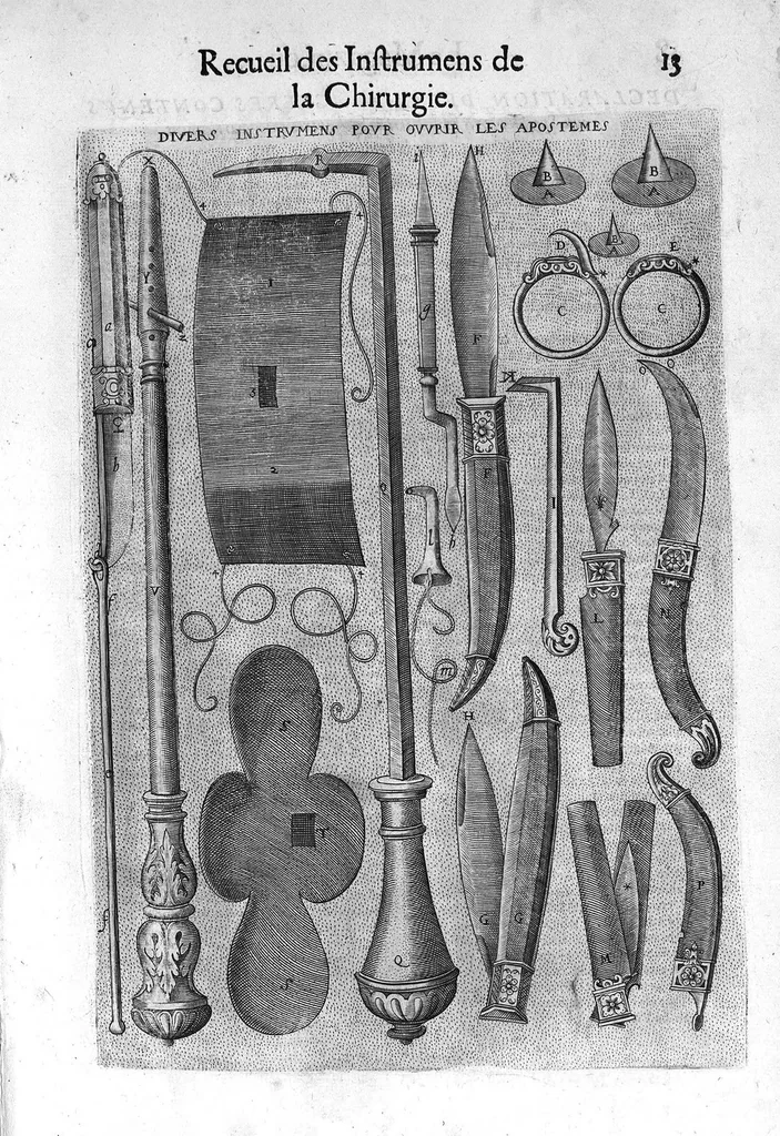 An illustration from La chirurgie françoise, recueillie des Anciens Medecins et Chirurgiens avec plusieurs figures des Instrumens necesseres pour l’operation Manuelle par Jacques Guillemeau D’Orleans, Chirurgien du Roy et Juré a Paris, 1594, leaf 24