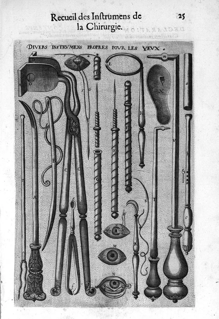 An illustration from La chirurgie françoise, recueillie des Anciens Medecins et Chirurgiens avec plusieurs figures des Instrumens necesseres pour l’operation Manuelle par Jacques Guillemeau D’Orleans, Chirurgien du Roy et Juré a Paris, 1594, leaf 32